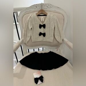 🦢 2T Ivory & Gold Sparkle Cable Knit Cardigan with Black Pleated Skirt Set NWT